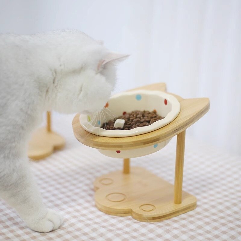 猫用陶器ボウル｜高脚木製スタンド・首を守る・犬用食器・転倒防止・ペット用ボウル・陶器製|undefined