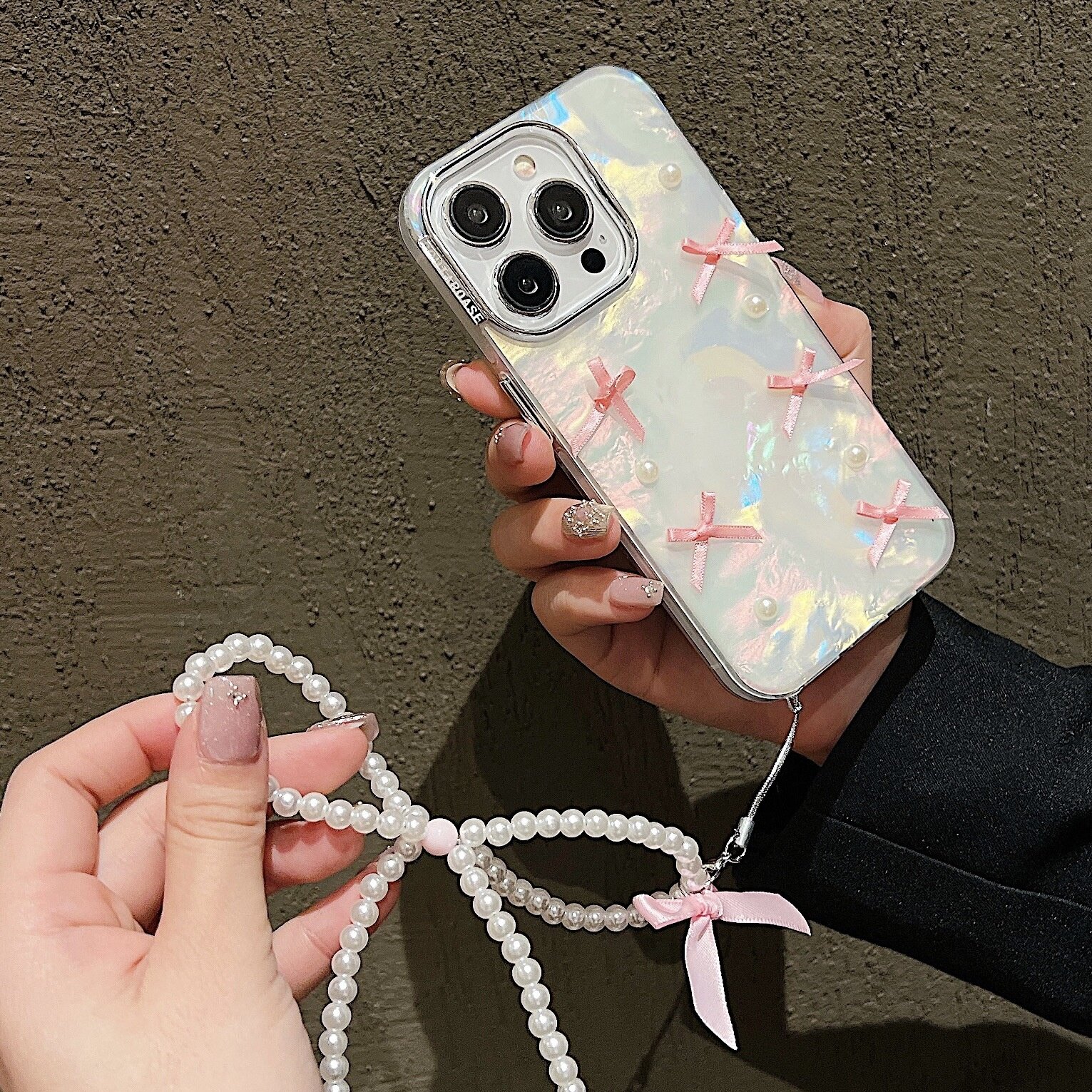 スマホケース|蝶結び・真珠・貝殻模様・iPhone14Pro/15/MATE60/P50対応・ゆめかわ・ガーリー|undefined