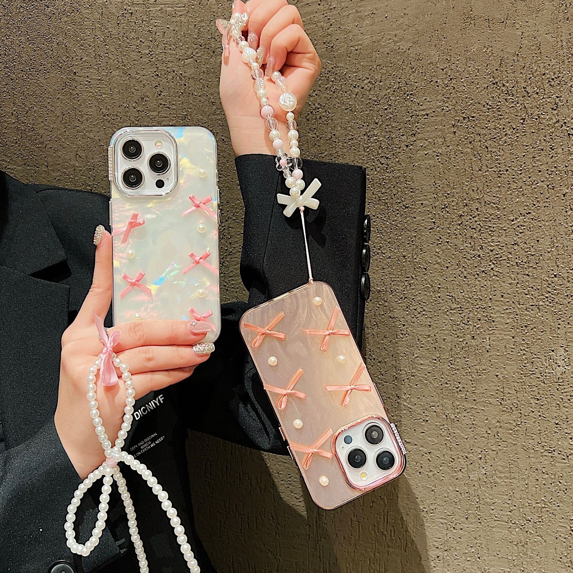 スマホケース|蝶結び・真珠・貝殻模様・iPhone14Pro/15/MATE60/P50対応・ゆめかわ・ガーリー|undefined