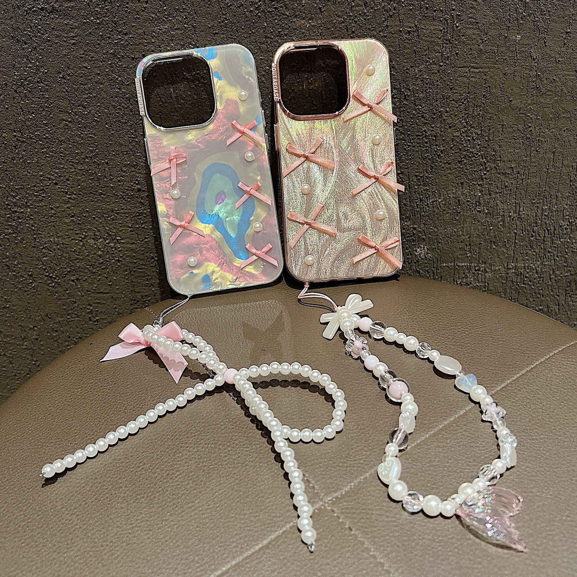 スマホケース|蝶結び・真珠・貝殻模様・iPhone14Pro/15/MATE60/P50対応・ゆめかわ・ガーリー|undefined