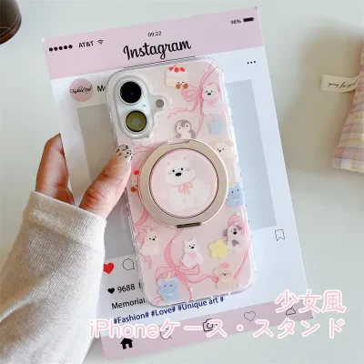 iPhoneケース｜スマホケース・iPhone16/15 Pro Max/14/13・磁気吸着・スタンド付き・少女風・ピンク・パステルカラー・アニマル