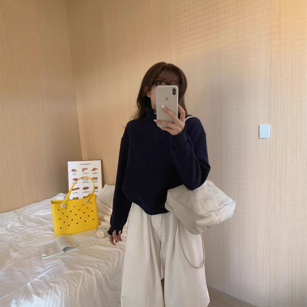 トップス｜春新作・レトロ・襟付き・三角パッチ・ハーフジップ・ショート丈・トレーナー・ゆったり・トップス・おしゃれ・カジュアル|undefined