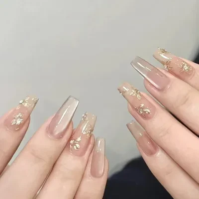 ネイルチップ｜つけ爪・ハンドメイド・ミラーパウダー・花柄・ネイルチップ・燙金・バラ柄・色白効果・レトロ・おしゃれ・インスタ風