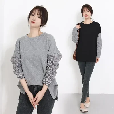 Tシャツ｜ストライプ・パッチワーク・長袖・プルオーバー・韓国風・カジュアル・BFスタイル