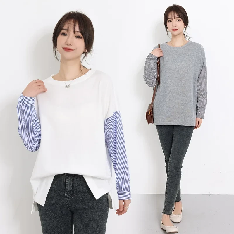 Tシャツ｜ストライプ・パッチワーク・長袖・プルオーバー・韓国風・カジュアル・BFスタイル|undefined