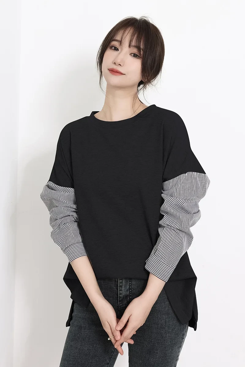 Tシャツ｜ストライプ・パッチワーク・長袖・プルオーバー・韓国風・カジュアル・BFスタイル|undefined
