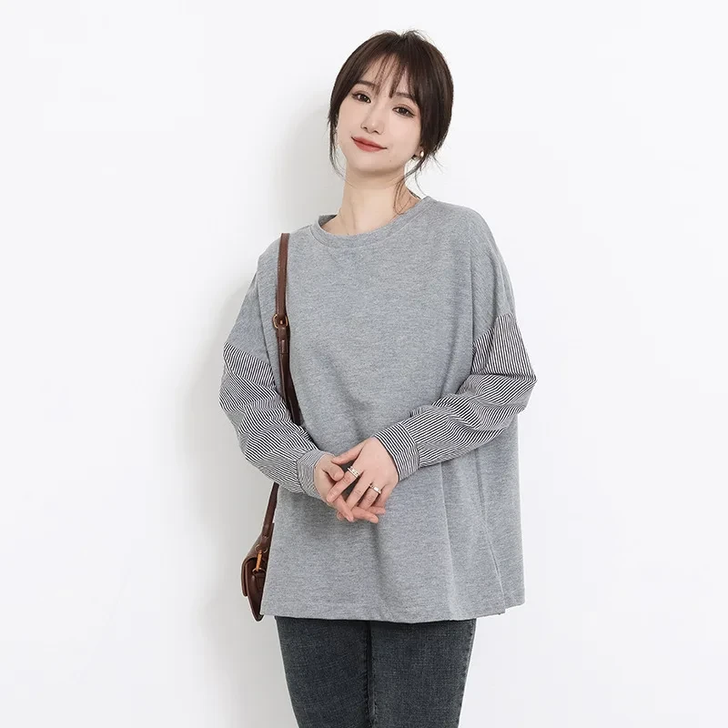 Tシャツ｜ストライプ・パッチワーク・長袖・プルオーバー・韓国風・カジュアル・BFスタイル|undefined