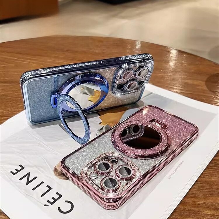 スマホケース|補正ミラー付き・iPhone 14/15/16 Pro対応・マグネット式・キラキラ・ダイヤモンド風|undefined