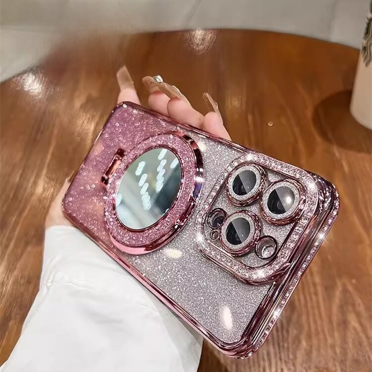 スマホケース|補正ミラー付き・iPhone 14/15/16 Pro対応・マグネット式・キラキラ・ダイヤモンド風|undefined