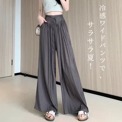 冷感ワイドパンツ｜ロングズボン・冷感生地・アイスシルク・ゆったり・シンプル・カジュアル・レディースファッション・夏服・しわ加工・ハイウエスト・リボン付き・服