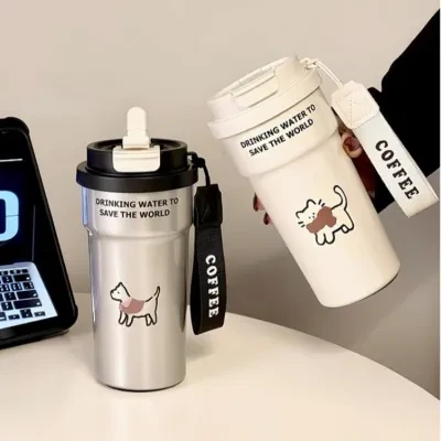 タンブラー・2way飲み方・ステンレス製・保温・保冷・水筒・ストロー付き・直飲み可能・持ち運び便利・猫デザイン・おしゃれ