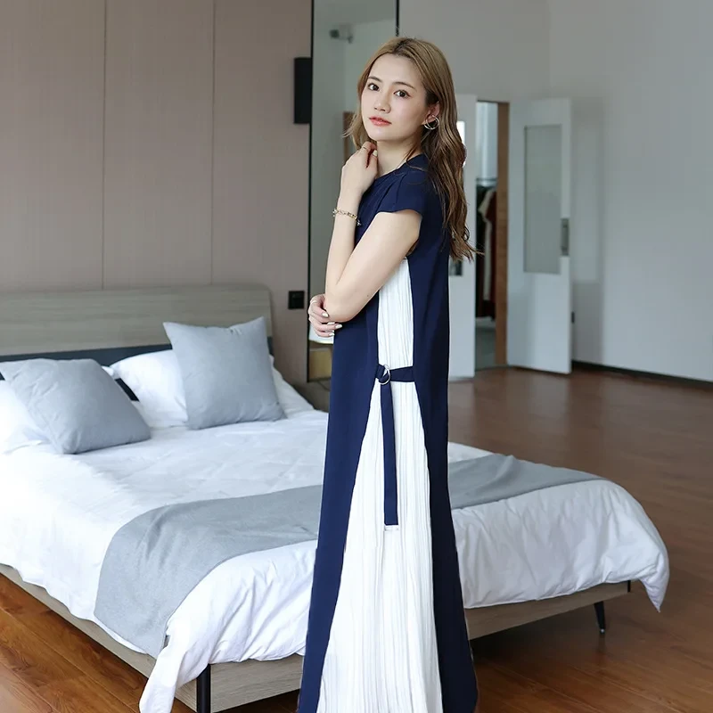 ワンピース｜圧着プリーツ・切り替え・ラウンドネック・夏・ひざ丈・リボンベルト|undefined