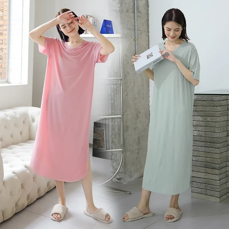 ワンピース｜Vネック・夏・アイスシルク・ロング・スリット・ゆったり・半袖・ルームウェア・Tシャツ・涼しい|undefined