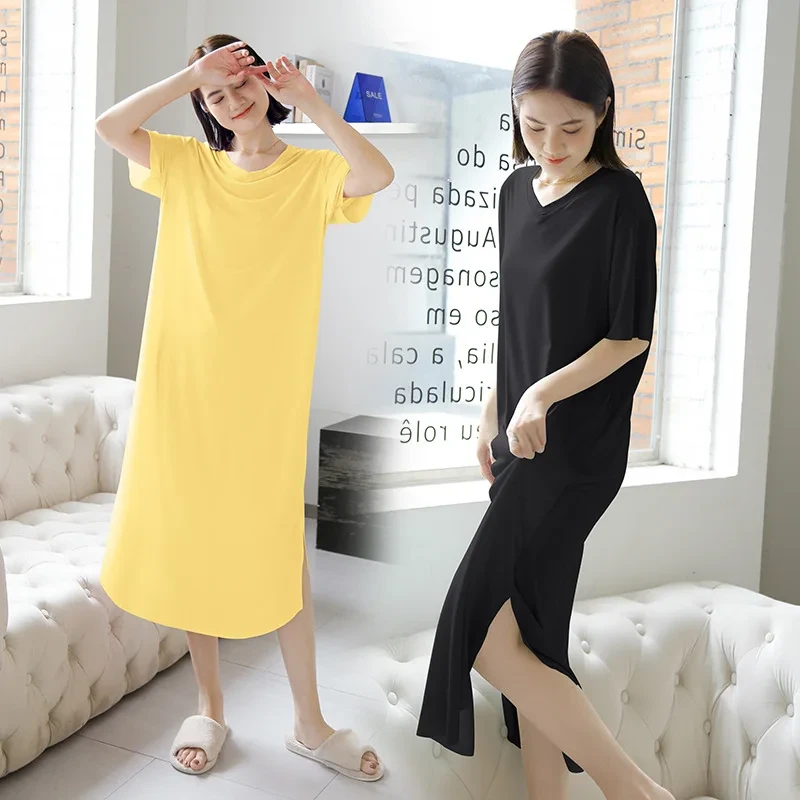 ワンピース｜Vネック・夏・アイスシルク・ロング・スリット・ゆったり・半袖・ルームウェア・Tシャツ・涼しい|undefined