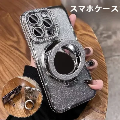 スマホケース|補正ミラー付き・iPhone 14/15/16 Pro対応・マグネット式・キラキラ・ダイヤモンド風