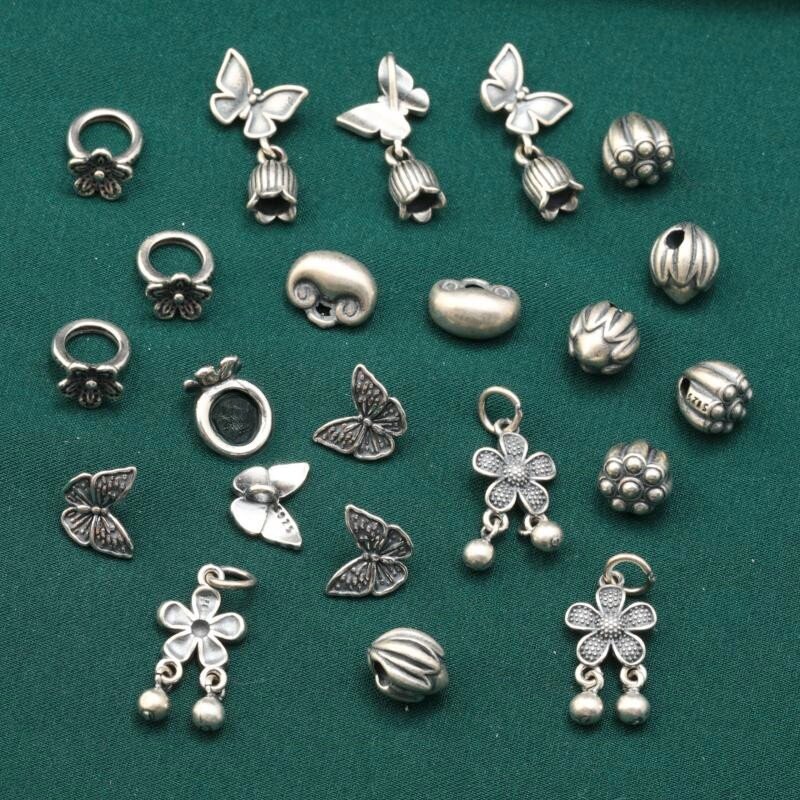 S925 スターリングシルバー蝶の花蓮アクセサリーレトロ古い小片如意ロック DIY 手作りビーズ材料衣類ジュエリーアクセサリー|undefined