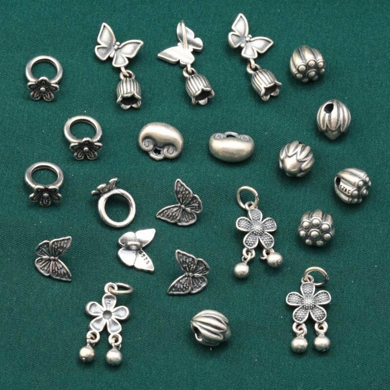 S925 スターリングシルバー蝶の花蓮アクセサリーレトロ古い小片如意ロック DIY 手作りビーズ材料衣類ジュエリーアクセサリー|undefined