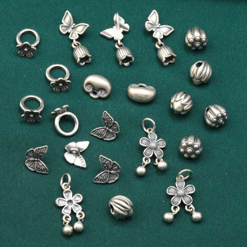 S925 スターリングシルバー蝶の花蓮アクセサリーレトロ古い小片如意ロック DIY 手作りビーズ材料衣類ジュエリーアクセサリー|undefined