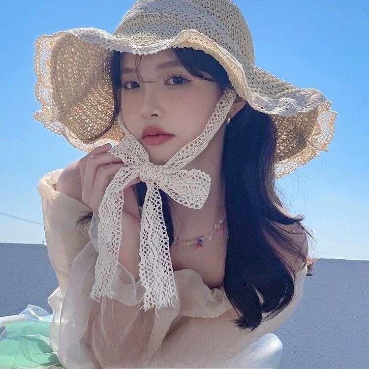 麦わら帽子｜レースアップ・花柄・つば広帽子・日焼け止め・通気性・UVカット・お洒落・可愛い・夏のお出かけに|undefined