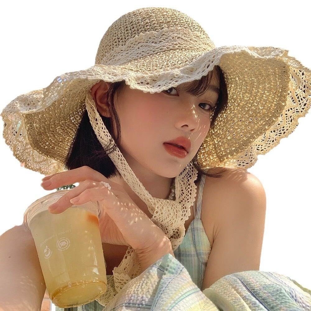 麦わら帽子｜レースアップ・花柄・つば広帽子・日焼け止め・通気性・UVカット・お洒落・可愛い・夏のお出かけに|undefined