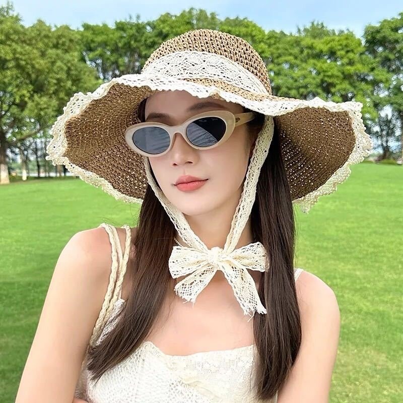 麦わら帽子｜レースアップ・花柄・つば広帽子・日焼け止め・通気性・UVカット・お洒落・可愛い・夏のお出かけに|undefined
