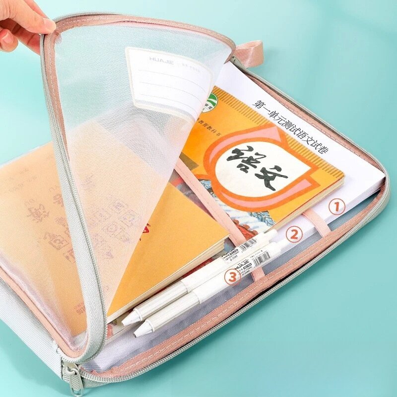 A4学生テスト用紙収納袋 L字型大開口三層大容量透明メッシュファイルバッグ|undefined