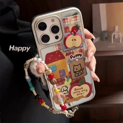 スマホケース｜iPhoneシリーズ・ミラー加工・リンゴ柄・立体・チェーン付き・おしゃれ・かわいい