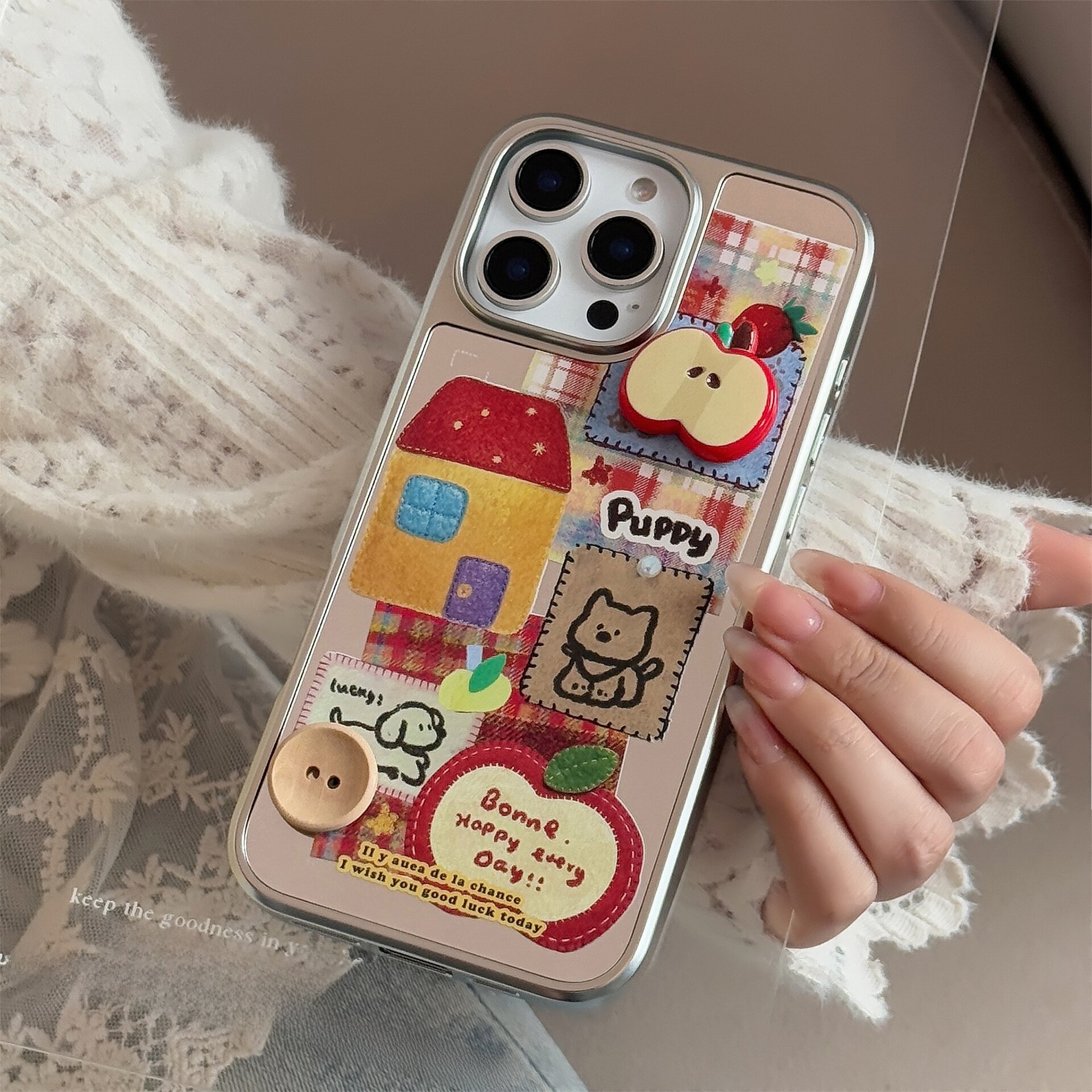 スマホケース｜iPhoneシリーズ・ミラー加工・リンゴ柄・立体・チェーン付き・おしゃれ・かわいい|undefined