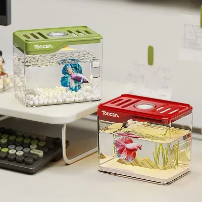 水槽｜小型・家庭用・プラスチック製・LEDライト付き・多機能・美しい・金魚鉢・卓上・アクアリウム・インテリア・癒し