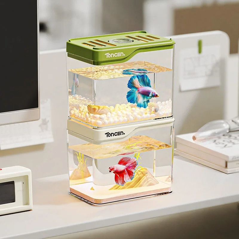 水槽｜小型・家庭用・プラスチック製・LEDライト付き・多機能・美しい・金魚鉢・卓上・アクアリウム・インテリア・癒し|undefined