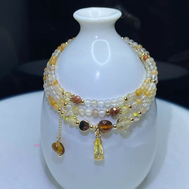天然水晶・焦げ茶色シトリン・イエローラビットヘア・ゴールデンルチルクォーツ・三連ブレスレット・上品・繊細・美しい|undefined