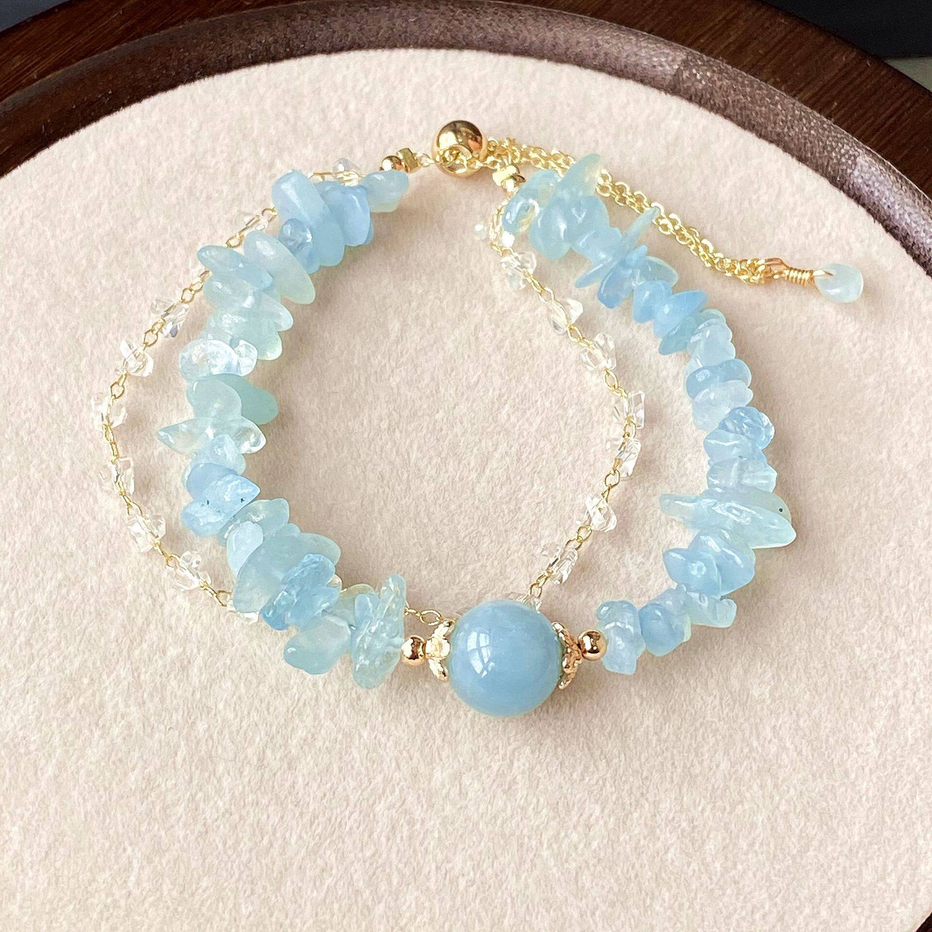 天然水晶・海蓝宝・碎石・随型・丸玉・不規則・ブレスレット・ハンドメイド・アクアマリン・涼しげ・おしゃれ|undefined