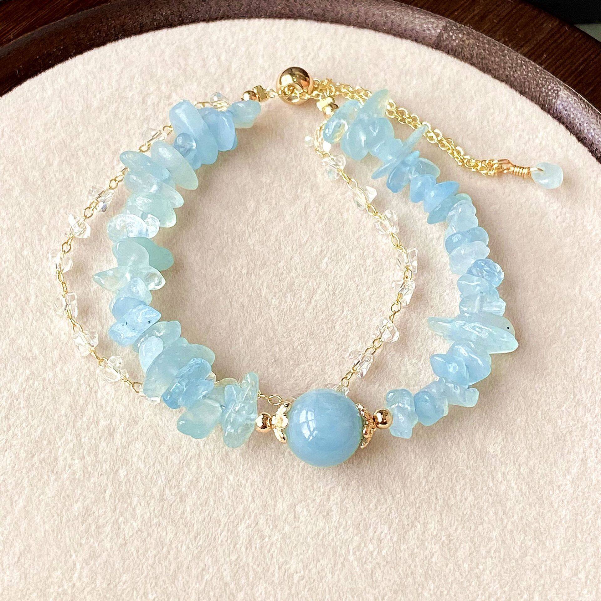 天然水晶・海蓝宝・碎石・随型・丸玉・不規則・ブレスレット・ハンドメイド・アクアマリン・涼しげ・おしゃれ|undefined