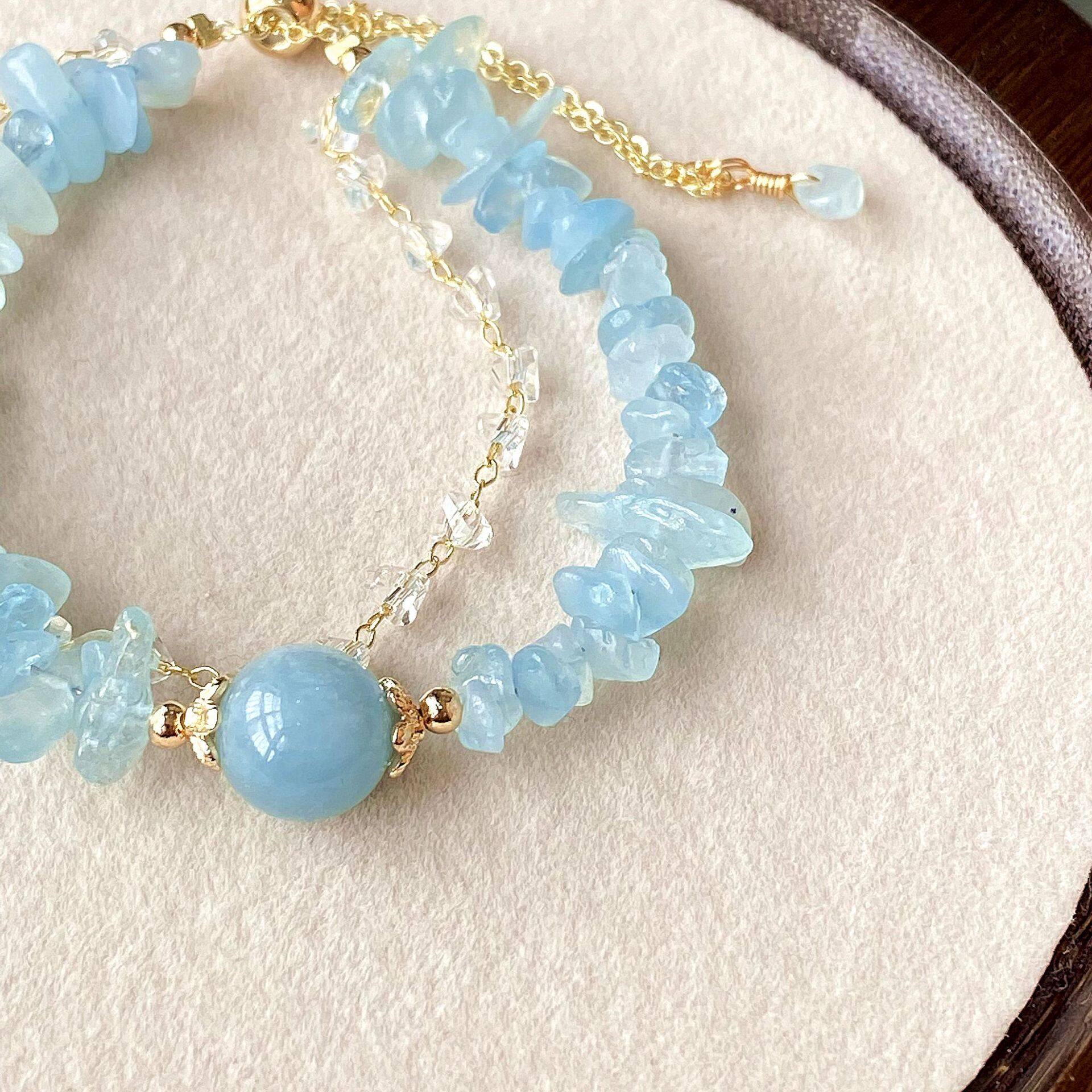 天然水晶・海蓝宝・碎石・随型・丸玉・不規則・ブレスレット・ハンドメイド・アクアマリン・涼しげ・おしゃれ|undefined