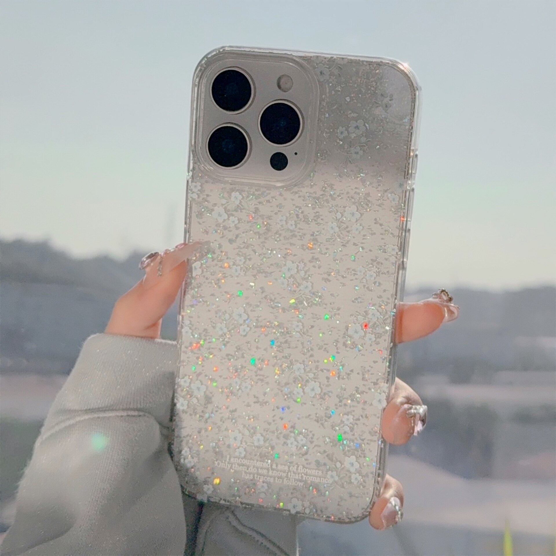 スマホケース｜iPhoneシリーズ・ブルー系・小花柄・ラメ入り・クリア・おしゃれ・大人可愛い|undefined