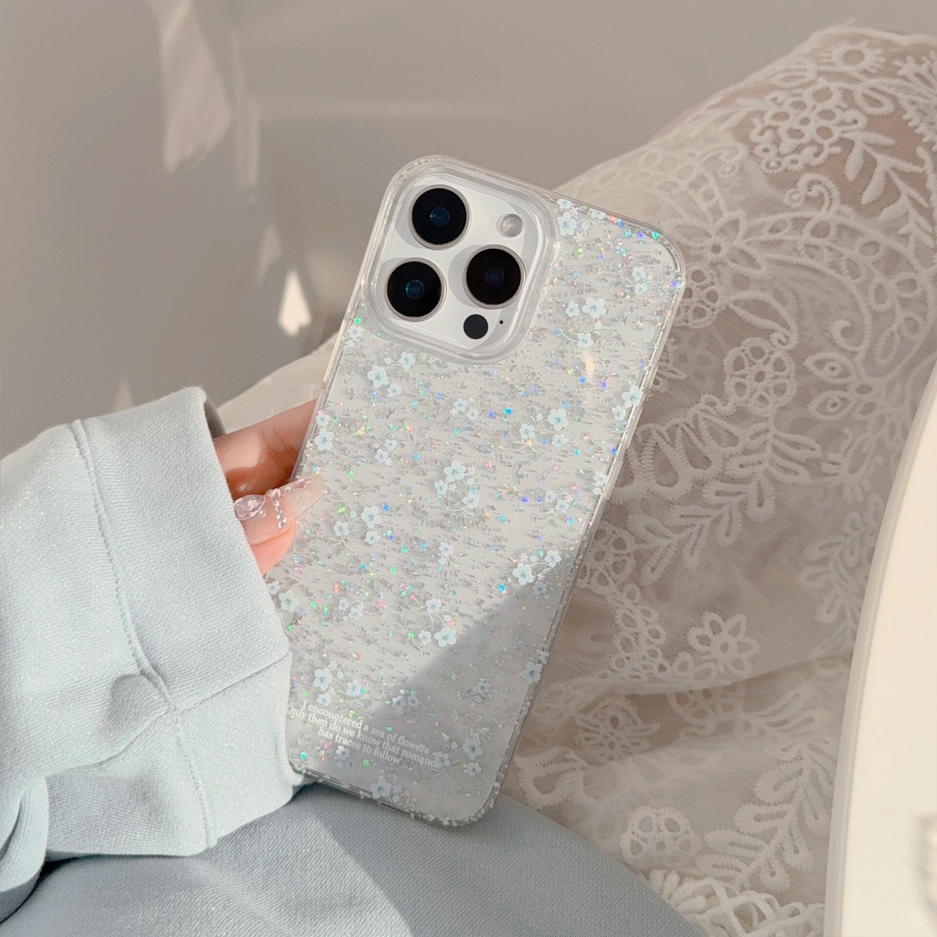スマホケース｜iPhoneシリーズ・ブルー系・小花柄・ラメ入り・クリア・おしゃれ・大人可愛い|undefined