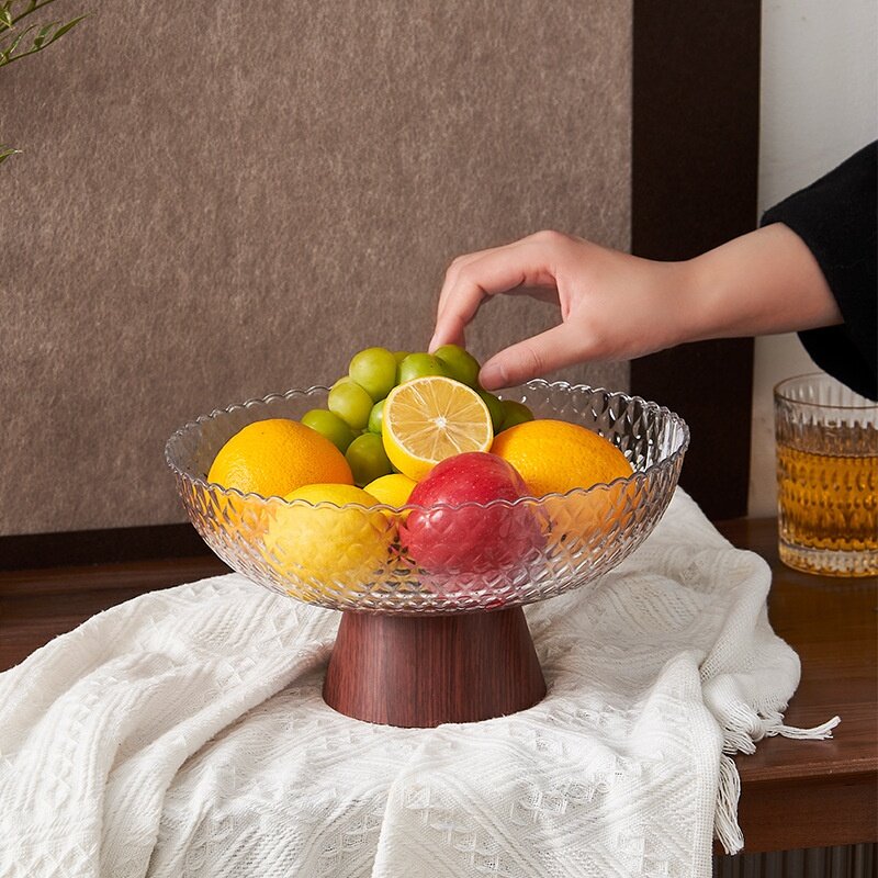 果物皿｜木目調・高脚・プラスチック製・水切り・トレイ・レトロ・お菓子/ナッツ/スナック収納|undefined