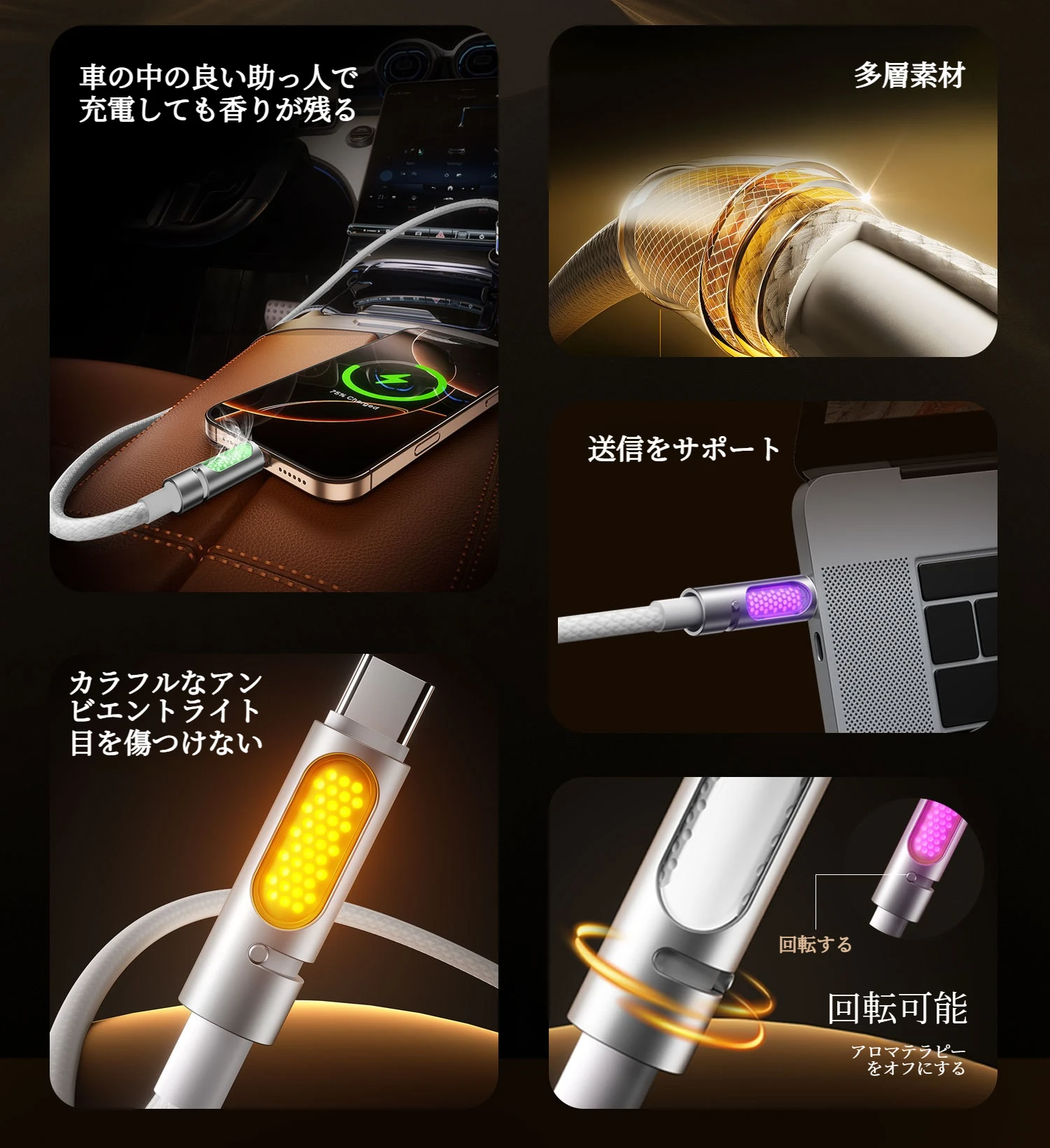 240W対応充電ケーブル｜アロマディフューザー機能付き・カラフルシリコン・Type-C to Type-C・急速充電・パソコン/スマホ対応・おしゃれ・多機能|undefined