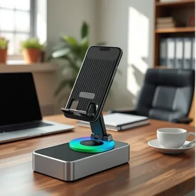 FunCASE スマホスタンド｜スピーカー搭載・卓上・ライブ配信・充電式・360度回転・昇降機能・3in1・ハンズフリー