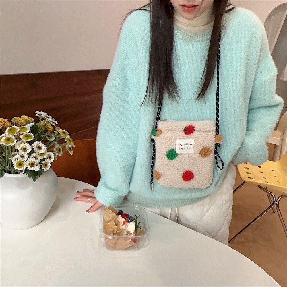 バッグ｜韓国風・かわいい・冬用・新品・ぬいぐるみ・レインボー・ドット・ショルダー収納バッグ|undefined