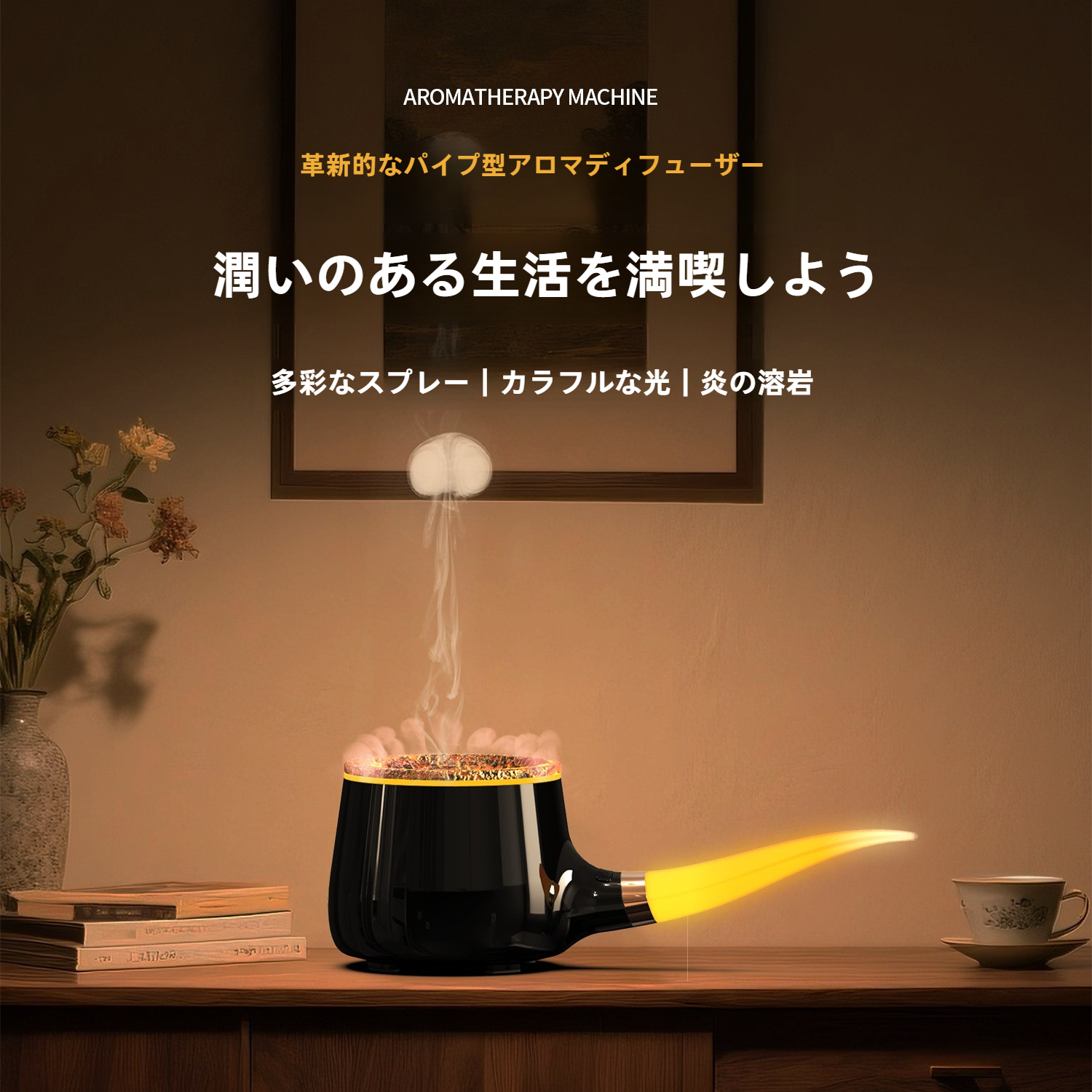 アロマディフューザー｜クリエイティブなパイプ型・USB・家用・クラック加湿器・擬似火炎・水母煙リング|undefined