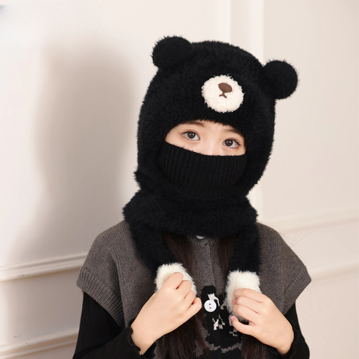 ネックウォーマー付き帽子｜子供用・かわいい・クマのマスク・冬・屋外用・暖かい・ニット帽・一体型|undefined