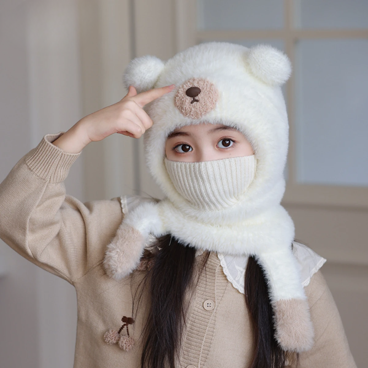 ネックウォーマー付き帽子｜子供用・かわいい・クマのマスク・冬・屋外用・暖かい・ニット帽・一体型|undefined