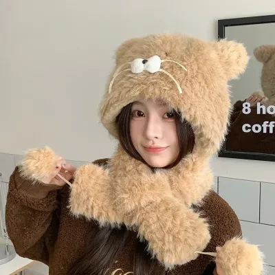 YOOYOOTOWN 子猫帽子｜かわいい・レディース・冬用・アウトドア・裏起毛・厚手・プルオーバーハット・ファー付き・暖かいスカーフ一体型帽子