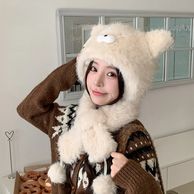 子猫帽子｜かわいい・レディース・冬用・アウトドア・裏起毛・厚手・プルオーバーハット・ファー付き・暖かいスカーフ一体型帽子|undefined
