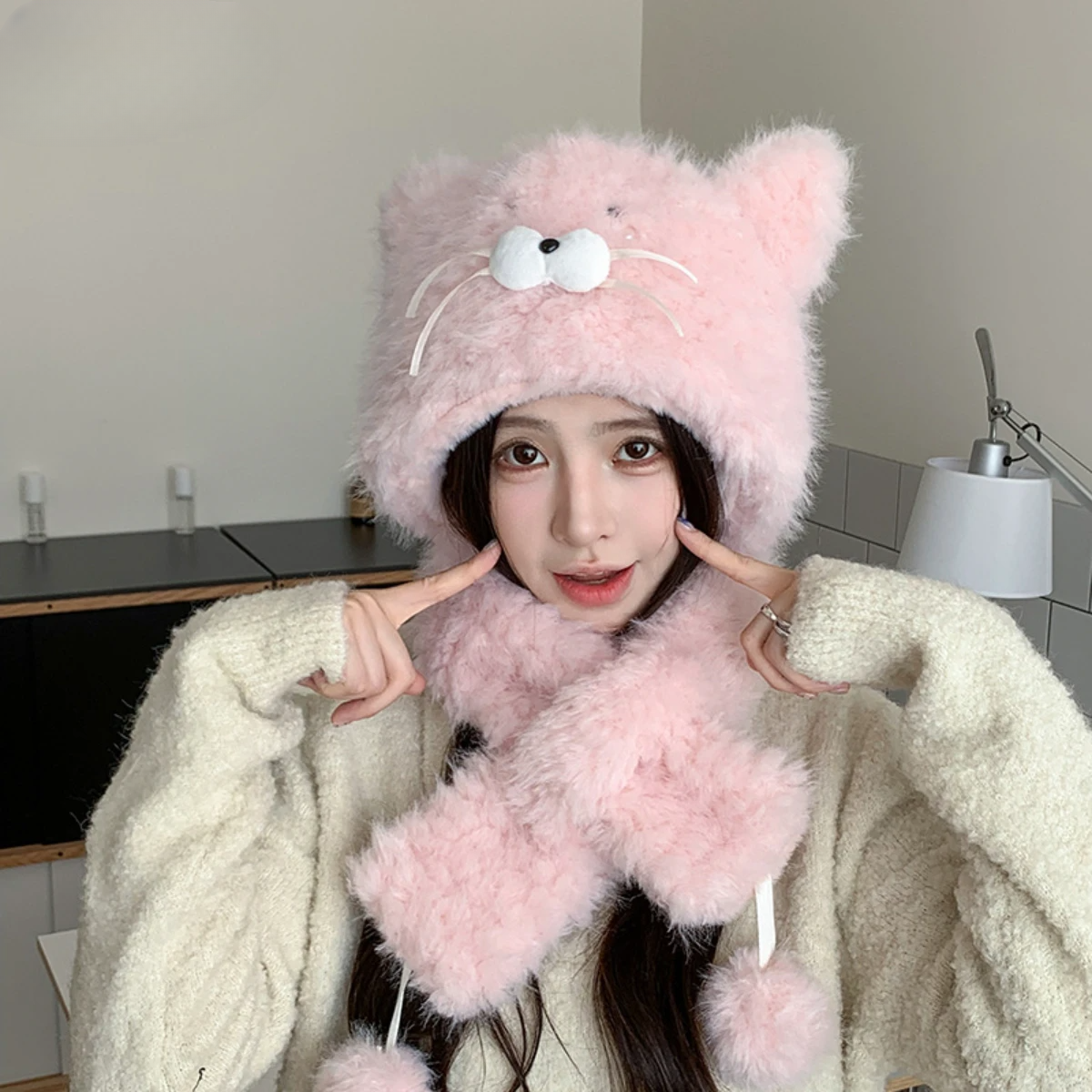 子猫帽子｜かわいい・レディース・冬用・アウトドア・裏起毛・厚手・プルオーバーハット・ファー付き・暖かいスカーフ一体型帽子|undefined