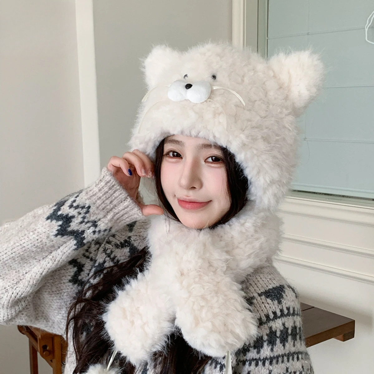 子猫帽子｜かわいい・レディース・冬用・アウトドア・裏起毛・厚手・プルオーバーハット・ファー付き・暖かいスカーフ一体型帽子|undefined