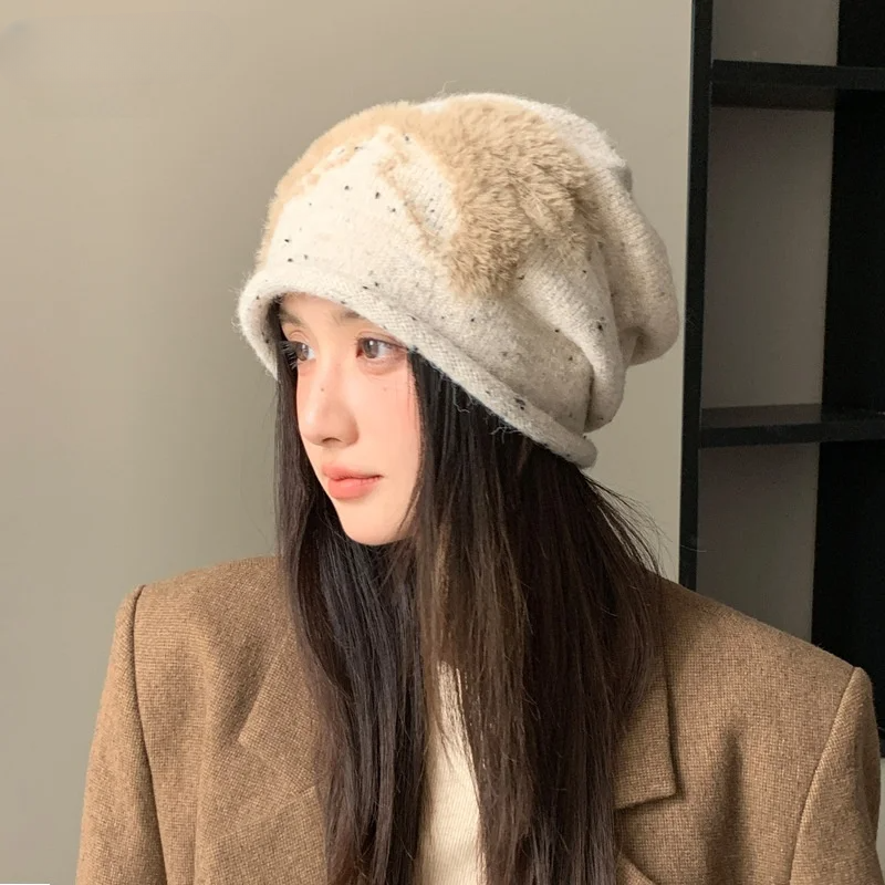 帽子｜秋冬・女性用・韓国風・多用途・ニット帽・大きめ頭囲用・ふわふわ・リボン付き・保温・耳当て付き・パイル帽|undefined