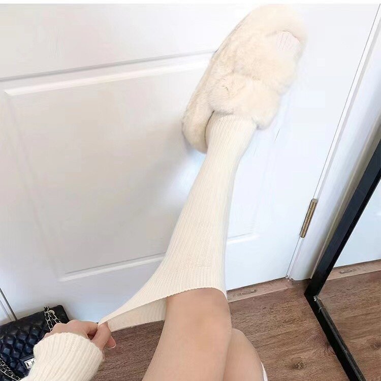 冬用ハイソックス｜ストライプ柄・オフホワイト・ミドル丈・リブ編み・ルーズソックス風・カジュアル・おしゃれ|undefined