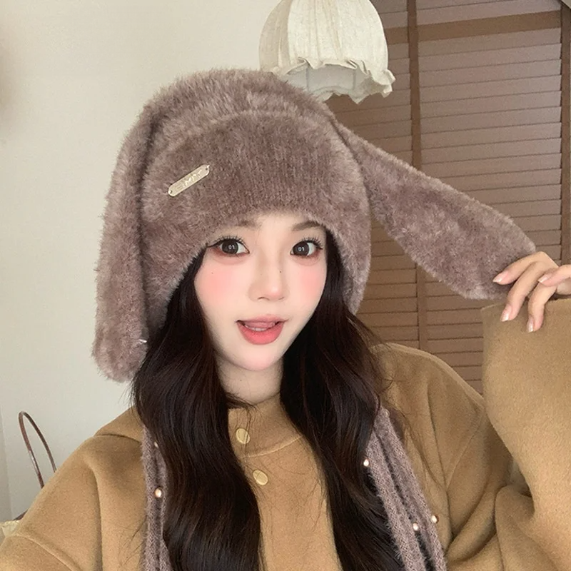 ニット帽｜ウサギ耳付き・冬用・暖かいレ・ディースファー・耳当て付き帽子・かわいい・防風・防寒|undefined